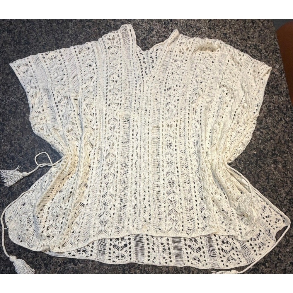 Boho Crochet Knit Poncho Top Cream White Tassel Side Tie Beach Coverup OS